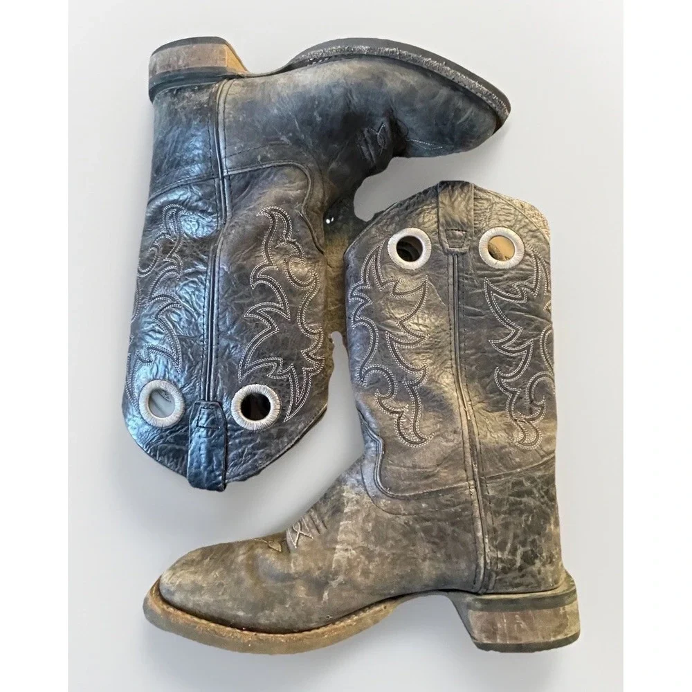 Old West Youth Leather Cowboy Boots Charcoal Black Size 5.5D Square Toe Western